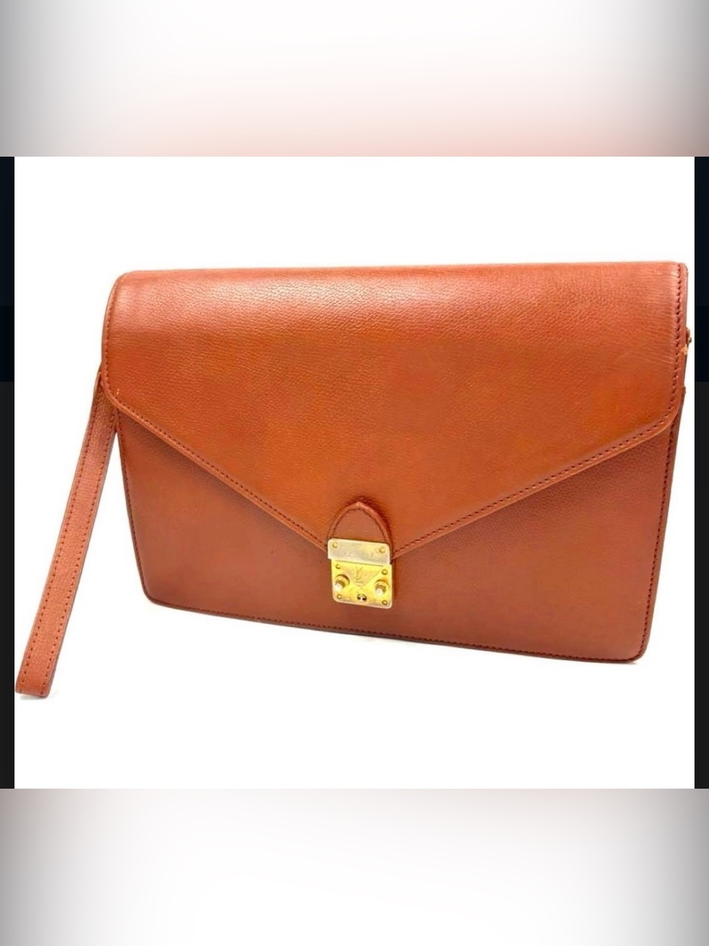 Yves Saint Laurent Vintage Brown Leather Envelope Clutch Wristlet Gold Push Lock